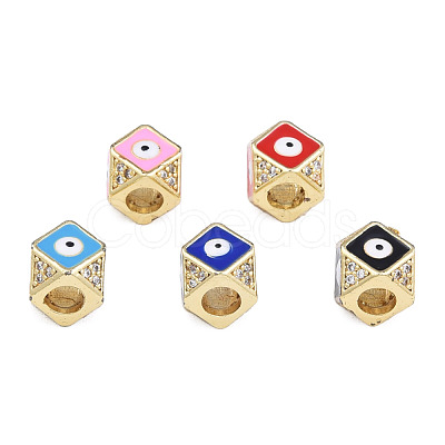 Brass Micro Pave Clear Cubic Zirconia Octagon European Bead with Enamel KK-N227-91-1