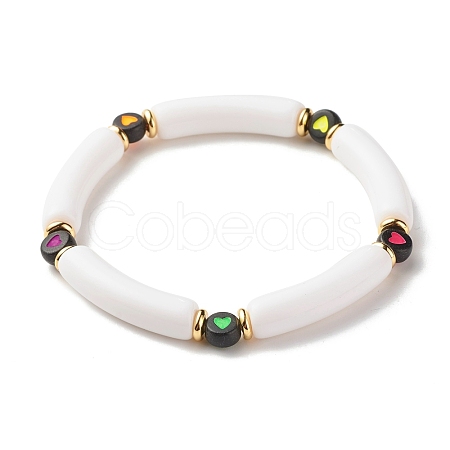 Acrylic Chunky Curved Tube Beaded Stretch Bracelet with Heart for Women BJEW-JB07586-01-1