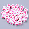 Opaque White Acrylic European Beads, Large Hole Beads, Cube with Heart, Hot Pink, 7x7x7mm, Hole: 4mm, about 1900~2000pcs/500g