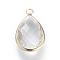 Glass Pendants, with Brass Findings, Faceted, teardrop, Light Gold, Clear, 14x7.5x4mm, Hole: 1.8~2.3mm