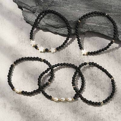 5Pcs 5 Style Synthetic Black Stone & Pearl & Shell Star Beaded Stretch Bracelets Set BJEW-JB09495-02-1