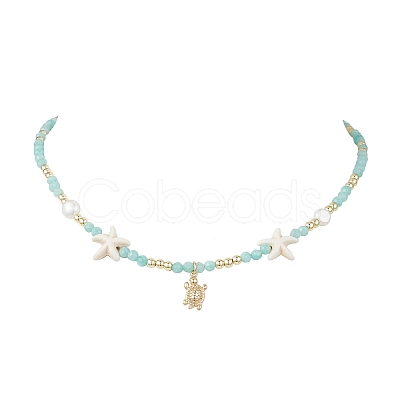 Natural Amazonite Faceted Round and Natural Cultured Freshwater Pearl & Starfish Synthetic Turquoise Beaded Brass Turtle Pendant Necklaces for Women NJEW-JN05496-04-1