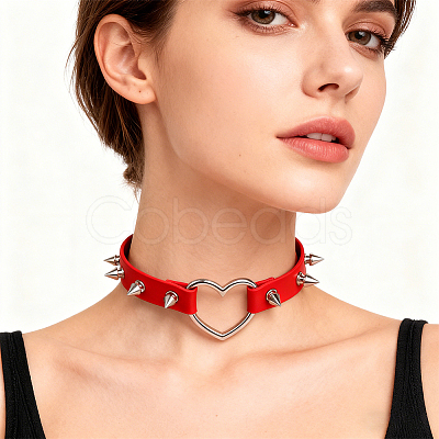 Adjustable Adjustable Gothic PU Leather Alloy Spike Rivet Heart Choker Necklaces for Women NJEW-WH20816-006P-C-1