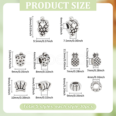 150pcs 5 styles Tibetan Style Zinc Alloy European Large Hole Beads FIND-PH0023-70-1