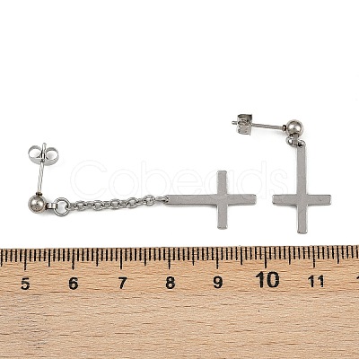 Christian Upside Down Cross 201 Stainless Steel Dangle Stud Earrings LS-EJEW-P314-01C-P-1