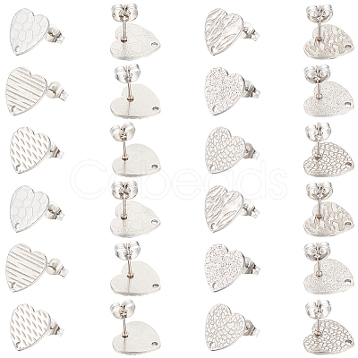 48Pcs 6 Styles Textured Heart 304 Stainless Steel Stud Earring Findings STAS-SP0001-48-1