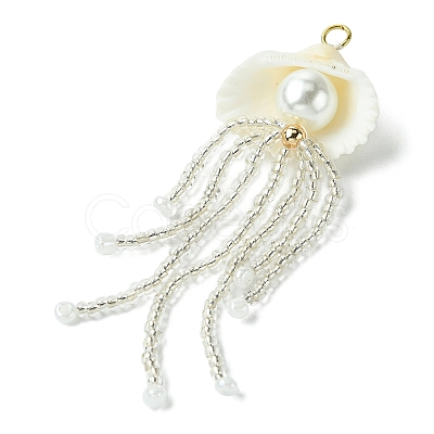 Natural Clam Shell & Glass Pearl & Glass Seed Beaded Big Pendants PALLOY-MZ00298-01-1
