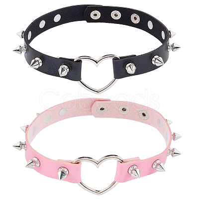2Pcs 2 Colors Adjustable Gothic PU Leather Alloy Heart Spike Rivet Heart Choker Necklaces for Women NJEW-CL0001-17B-1