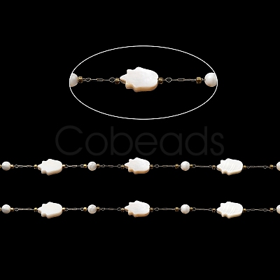 Natural Shell Hamsa Hand & Round Link Chains CHS-G028-06G-1