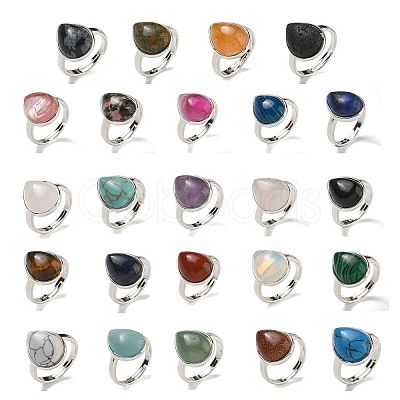 Natural & Synthetic Gemstone Teardrop Adjustable Rings RJEW-K371-08S-1