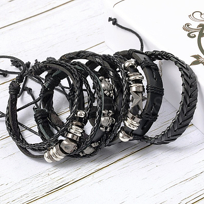 6Pcs 6 Styles PU Imitation Leather Braided Bracelets BJEW-CL0001-52-1