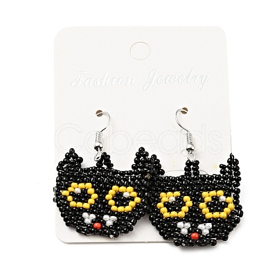 Glass Seed Braided Cat Dangle Earrings EJEW-B012-11-1
