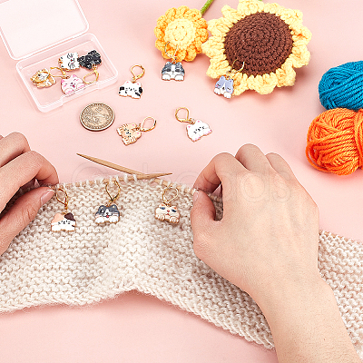 12Pcs 12 Styles Cat Shape Alloy Pendant Locking Stitch Markers with Brass Leverback Findings Clasps Stitch Marker HJEW-PH02053-1