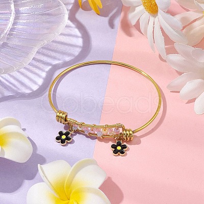 Glass Seed Beads & Stainless Steel Bangles with Black Flower for Women BJEW-JB10411-1
