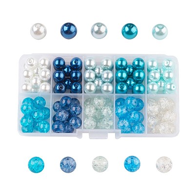 Carribean Blue Mix Baking Paint Crackle Glass & Glass Pearl Bead Sets HY-X0009-10mm-03-1