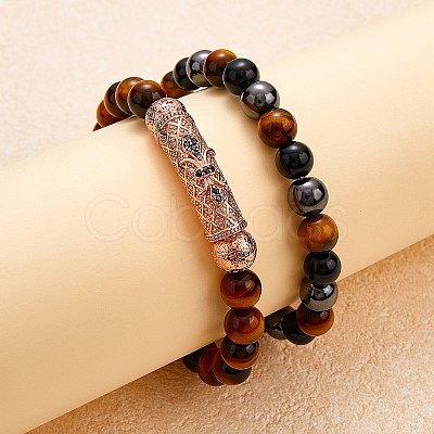 2Pcs 2 Style Dyed & Heated Natural Tiger Eye & Gemstone Stretch Bracelets Set BJEW-SW00092-1