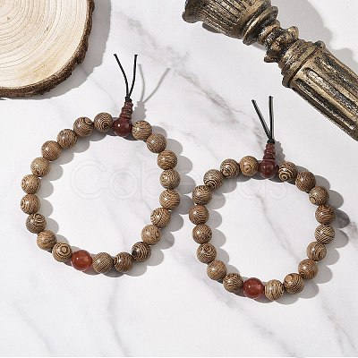 2Pcs 2 Styles Natural Carnelian & Wood Round Beaded Stretch Bracelets Sets for Men Women BJEW-JB12346-1