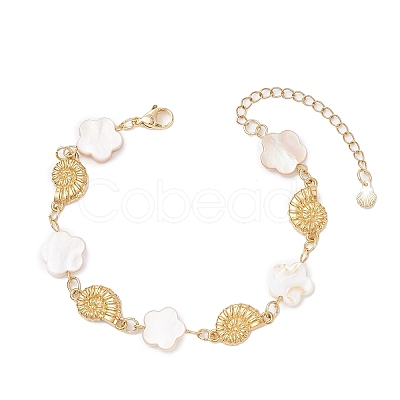 Natural Freshwater Shell Beads & Shell Shape 304 Stainless Steel Connector Charms Link Bracelets for Women BJEW-JB12216-03-1