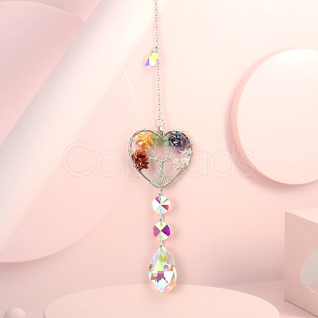 Wire Wrapped Chakra Natural Mixed Stone Heart with Tree of Life Pendant Decorations HJEW-K046-02P-03-1