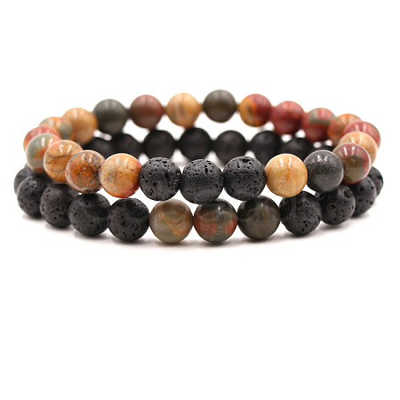 2Pcs 2 Styles Natural Picasso Jasper & Lava Rock Round Beaded Stretch Bracelets for Couple FS-WGA2A2E-11-1