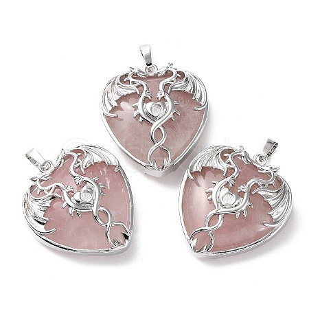 Natural Rose Quartz Heart Pendant Rhinestone Settings G-K339-01P-04-1