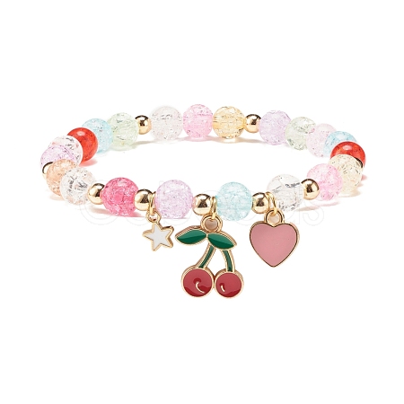 Candy Color Round Beaded Stretch Bracelet with Heart Cherry Charm for Women BJEW-JB07636-01-1