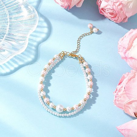 Glass Pearl Round Beaded Multi-strand Bracelets BJEW-JB11918-04-1