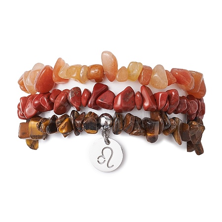 3Pcs 3 Styles Natural Red Aventurine & Red Jasper & Tiger Eye Chips Stretch Bracelets Sets BJEW-JB11076-07-1
