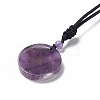 Natural Amethyst Flat Round with Flower of Life Pendant Necklace with Nylon Cord for Women NJEW-P274-02-02-4
