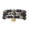 3Pcs 3 Styles 8mm Round Natural Tibetan 3-Eye dZi Agate & Eyeless Obsidian Beaded Stretch Bracelet Sets BJEW-JB10336-1