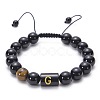 10MM Natural Black Onyx(Dyed & Heated) and Tiger Eye Alphabet Round Braided Bead Adjustable Bracelets for Women DM6424-7-1