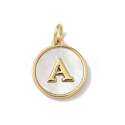 Brass Pave Natural Shell Flat Round with Letter A~Z Charms KK-Z115-13G-1