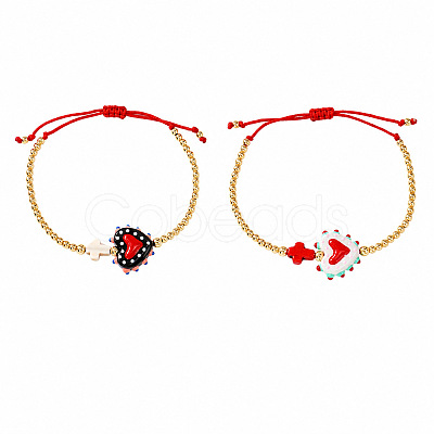 2Pcs 2 Colors Dyed Synthetic Turquoise Cross and Glass Heart Braided Bead Bracelets for Women PE0777-10-1