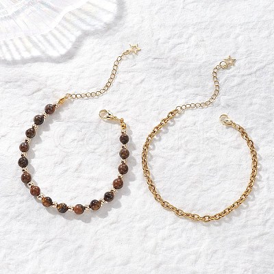 2Pcs 2 Styles Round Natural Grade AB Tiger Eye & Synthetic Hematite Beaded Bracelets & 304 Stainless Steel Cable Chains Bracelets for Women BJEW-JB12800-01-1