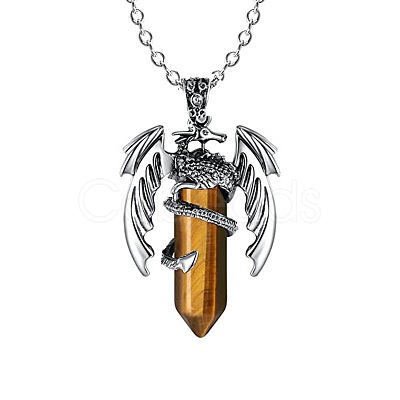 Natural Tiger Eye Bullet with Dragon Pendant Necklace with Zinc Alloy Chains PW-WG99720-01-1