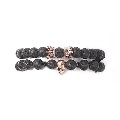 2Pcs 2 Style Natural Lava Rock & Brass Beaded Stretch Bracelets Set BJEW-JB09244-02-1