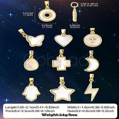 10Pcs 10 Styles Brass Pave Natural White Shell Pendants KK-CJ0002-56-1