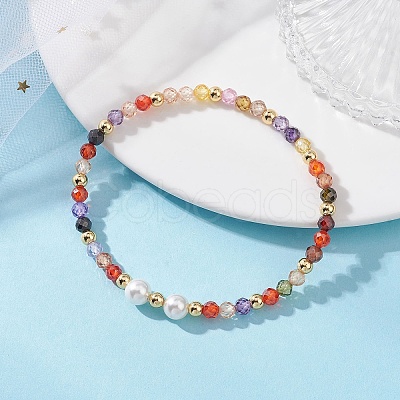 Cubic Zirconia & Shell Pearl Round Beaded Stretch Bracelets for Women BJEW-JB13280-01-1