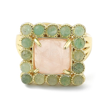 Natural Rose Quartz & Green Aventurine Gemstone Rectangle Adjustable Ring RJEW-B030-01A-11-1