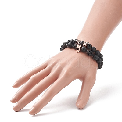 2Pcs 2 Style Natural Lava Rock & Brass Beaded Stretch Bracelets Set BJEW-JB09244-02-1