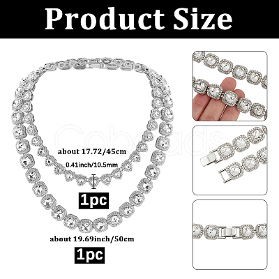 2Pcs 2 Styles Zinc Alloy Pave Square/Heart Clear Glass Tennis Necklaces for Womem NJEW-SP0001-08PS-1