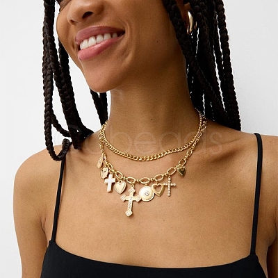 Alloy Crystal Rhinestone and Enamel Cross Heart Multi-Charm Double Layer Necklaces for Women WGEBEB6-01-1