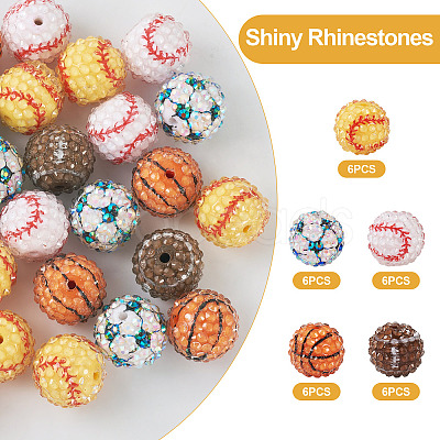 30Pcs 5 Style Basketball & Football & Baseball Pattern Resin Rhinestone Beads RESI-TA0001-77-1