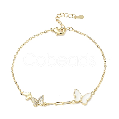 Brass Micro Pave Clear Cubic Zirconia White Butterfly Link Bracelets KK-CBA6980-21G-1