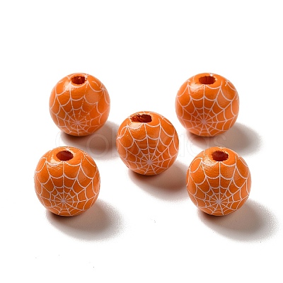 Halloween Printed Spider Webs Colored Wood European Beads WOOD-K007-04H-1
