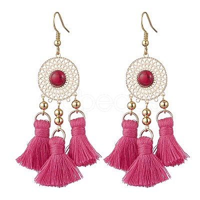 Flat Round 304 Stainless Steel Polycotton Tassel Chandelier Earrings EJEW-JE06452-02-1