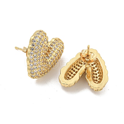 Heart Brass Pave Clear Cubic Zirconia Stud Earrings EJEW-M258-82G-1