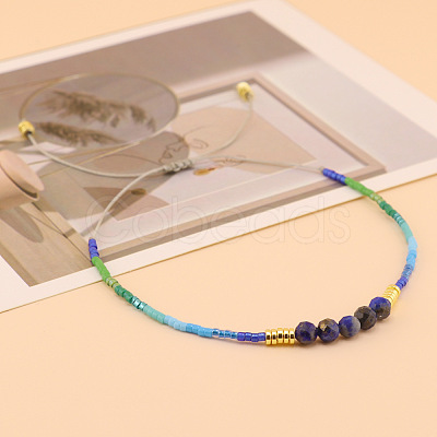 Glass Seed Bead & Natural Lapis Lazuli Beaded Braided Bead Bracelets for Women XK8215-1