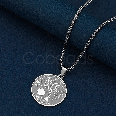 Stainless Steel Viking Moon Sun Tree of Life Flat Round Pendant Box Chain Necklaces PW-WG93B99-01-1