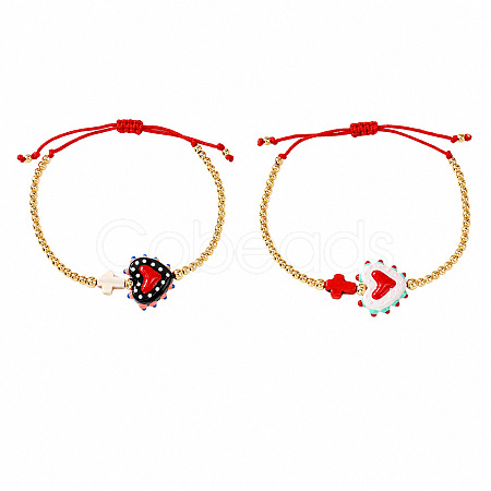 2Pcs 2 Colors Dyed Synthetic Turquoise Cross and Glass Heart Braided Bead Bracelets for Women PE0777-10-1